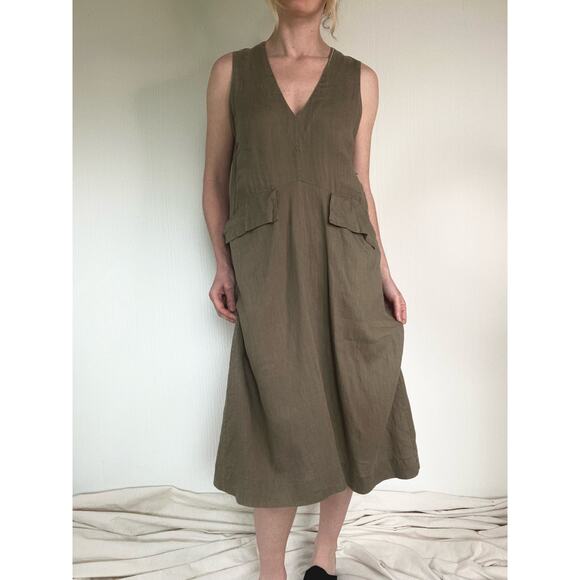 SUGAR CANDY MOUNTAIN Slouched Sleeveless Taupe Green Linen Dress Oversized US XS - Picture 5 of 13